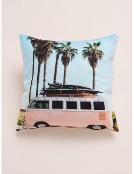 Retro Bus & Palm Print Cushion Cover
