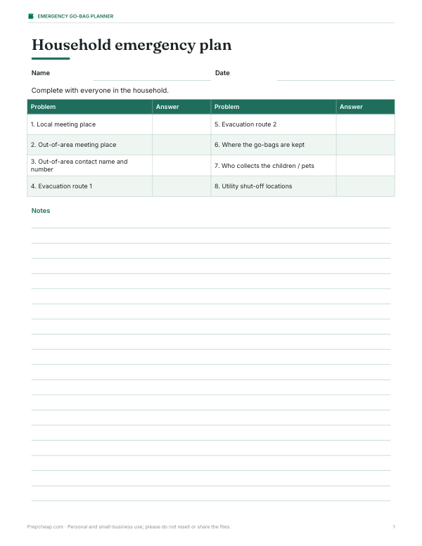Preview of Printable Emergency Plan Worksheet